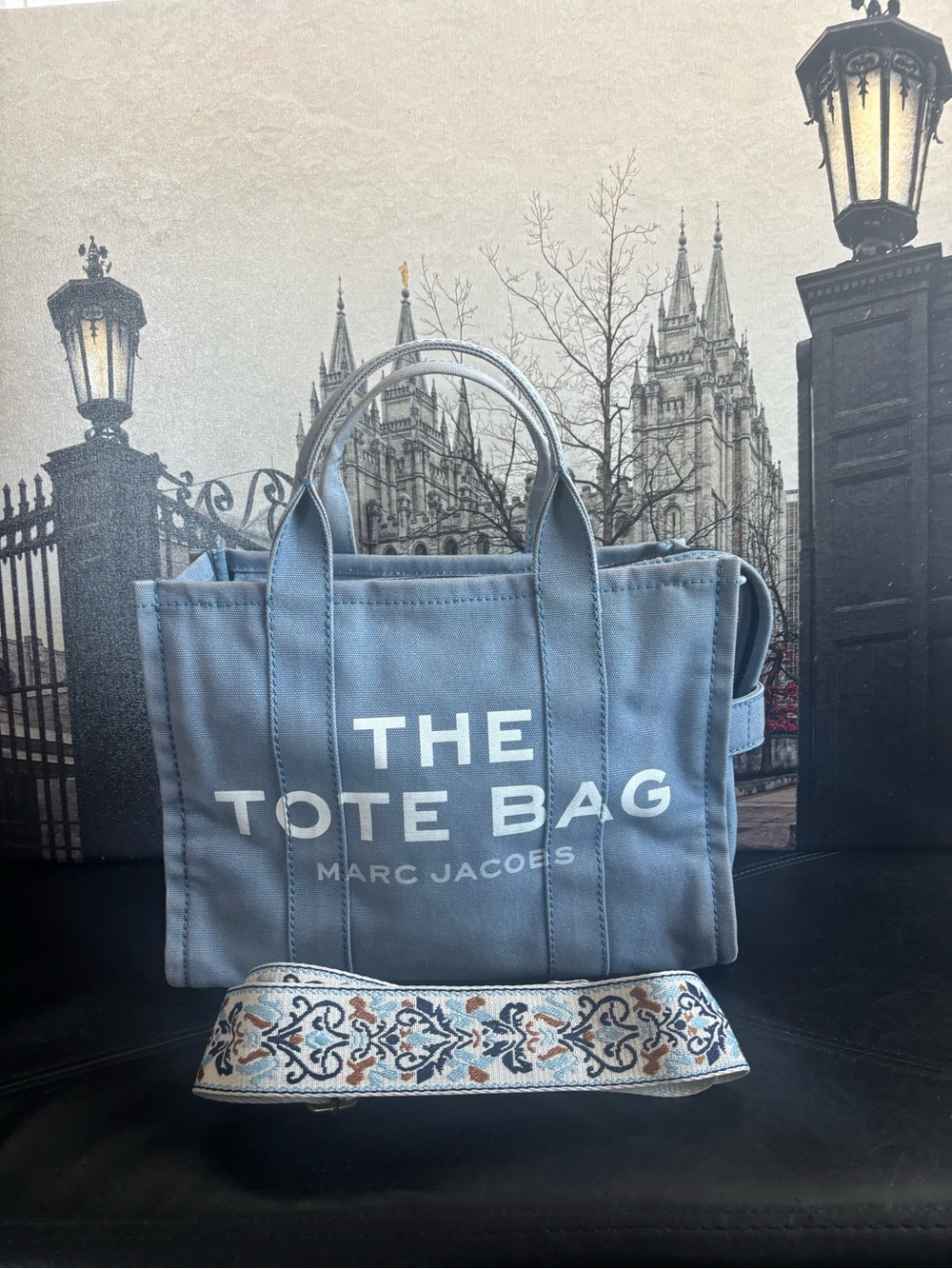 Marc Jacobs Dusty Blue Canvas Tote with Patterned Strap